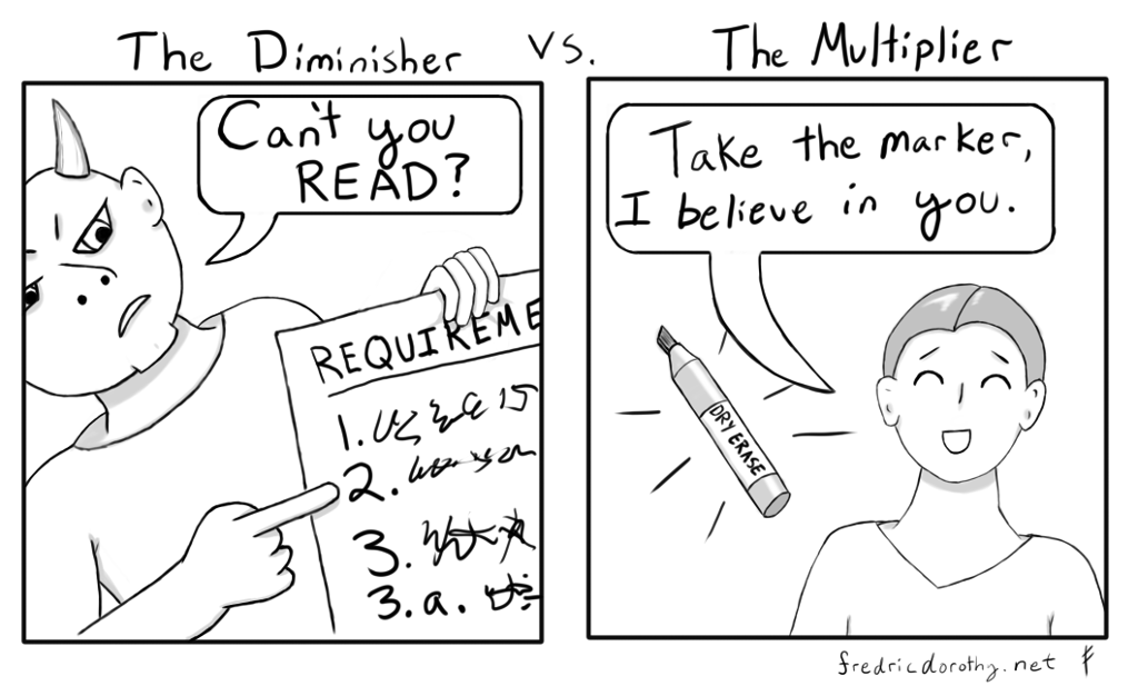 diminishers versus multipliers comic. Satanic diminisher says 'Can't you read!' while holding up requirements document. Multiplier in frame 2 says 'You take the marker, I believe in you!'